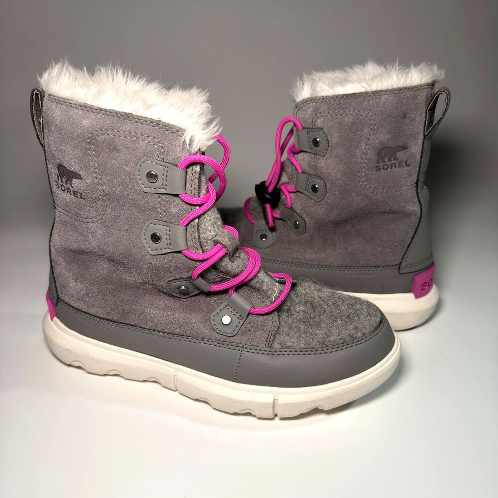 Sorel Explorer Lace Snow Boots Kids Size 5 Youth Grey Pink Waterproof Outdoor